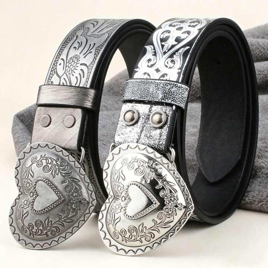 1pc Romantic Heart-Shaped Buckle, Punk Style Embossed Belt, Suitable For Valentine's Day Gift - Multicolor - View 1