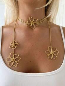 Long Metal Texture High-End European & American Style Floral Pendant, Minimalist Elegant Design, Multi-Way Wear Long Necklace - Flowers - View 8