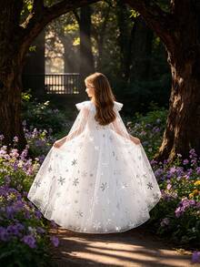 Girls' Solid Color Sequin Birthday Wedding Princess Dress With Cloak, Suitable For Ball, Party, Vacation (Excluding Headband) - White - View 3