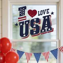 1片 I Love USA 愛國主義文字窗貼，復古懷舊設計 3D 效果半透明自黏玻璃貼紙，帶有做舊紋理分層字母與星星圖案，大膽紅白藍配色，節慶慶祝裝飾，防水可移除 - A - 查看 2