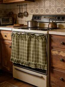 Handmade Farmhouse Style Oven Skirt Cover, Handmade Oven Cover, Heat Resistant Rustic Ruffled Tie-On Oven Skirt Cover, Easy To Install, Hides Clutter, Fits Stovetops, With Ties And Ruffle Trim, Fits All Oven Models. - Multicolor - View 3