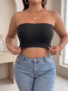 Plus Size Women's Strapless Spaghetti Strap Tank Top, Seamless Ribbed Base Layer Camisole, Elastic Summer Casual Cropped Vest Top - Black - View 2