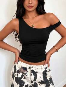 Summer Casual Solid Color Asymmetrical Shoulder Fitted Top - Charcoal Black - View 4