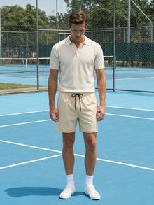 Courvante Herren Khaki Kordelzug Taille Lässig Shorts, gewebte Tennis Sport mit Reißverschluss Taschen, Seitenschlitz Sommer Golf Strand - Khaki - Übersicht 2
