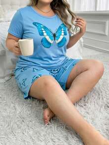 Plus Size Blue Cartoon Butterfly Print Short Sleeve Shorts Pajamas Women Loungewear - Blue - View 5