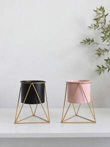 1pc/Set Creative Metal Plant Pot With Gold Geometric Stand, Vintage Style Succulent Planter, Large Desktop Flower Pot, Suitable For Balcony, Living Room, Office, Home Garden Decoration - Multiple Styles - View 9