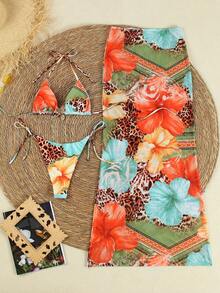 Polovedo Official Sexy Leopard & Floral Print Halter Bikini Set With Skirt, Suitable For Spring/Summer Beach Vacation - Multicolor - View 7