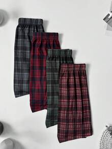 4件組男士格紋印花休閒直筒寬鬆彈性睡褲，舒適彈性腰帶多色套裝 - 彩色 - 查看 10