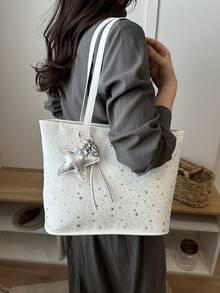 1 pièce Sac à épaule de mode pour femme avec imprimé étoile, sac fourre-tout portable polyvalent de grande capacité, convient pour les rendez-vous, les achats, les sorties, les voyages, livré avec un pendentif exquis - Blanc - Voir 5