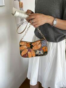 Mini Minimalist Chain Strap Solid Color Floral Pattern Shoulder Bag (Floral Position Randomly Varies) - Orange - View 7