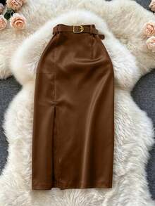 SMUM Women's Corduroy Skirt With Pockets And Slit, With Belt, In Khaki And Leopard Print - Coklat - View 1
