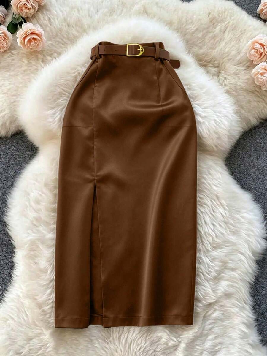 SMUM Women's Corduroy Skirt With Pockets And Slit, With Belt, In Khaki And Leopard Print - Coklat - View 1