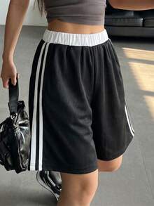 1 buc. pantaloni scurți Bermuda sport casual pentru fete adolescente, cu buzunar și contrast de culoare, stil școlar, primăvară-toamnă-iarnă - Negru - Vizualizare 2