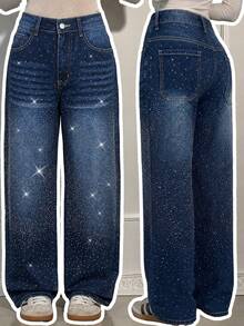 Women's Casual Wide Leg Jeans, Rhinestone Decor, Long Non-Stretch Fabric, Zipper Design - Dark Blue - View 1