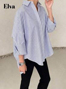 ELVA 女款藍色條紋長袖寬鬆上班襯衫，女款工作上衣，情人節、秋季、返校季 - 藍色 - 查看 1