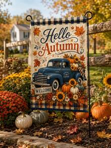 1 pieza Bandera de jardín vintage de camión Hello Autumn, lino rústico vertical azul con camioneta, calabaza, girasol, hoja de arce y borde a cuadros, pancarta de bienvenida para exterior, césped, porche y decoración de granja, adecuada para la cosecha de otoño, Acción de Gracias y entrada de granja - Multicolor 2 - Ver 3