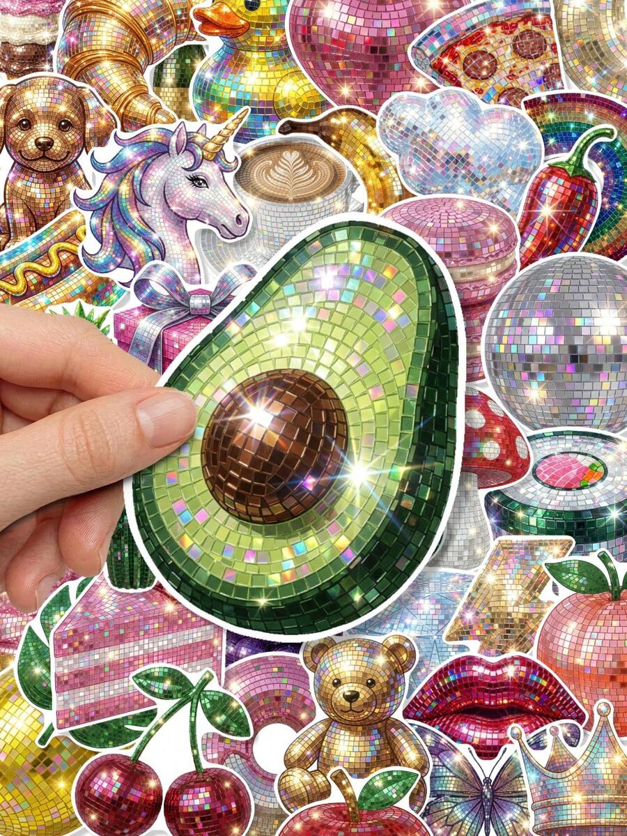 50/100pcs Y2K Disco Style Stickers, Including Fruits, Animals, Snacks And Icons, Shiny Tile Texture, Suitable For Scrapbooking - Multicolor - View 1