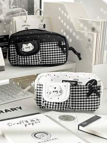 1pc Cute Bow Star Plaid Pencil Case Storage Bag, Portable Multi-Functional Pencil Pouch Stationery Organizer, Suitable For Studen, First Day Of School - Multicolor - View 12