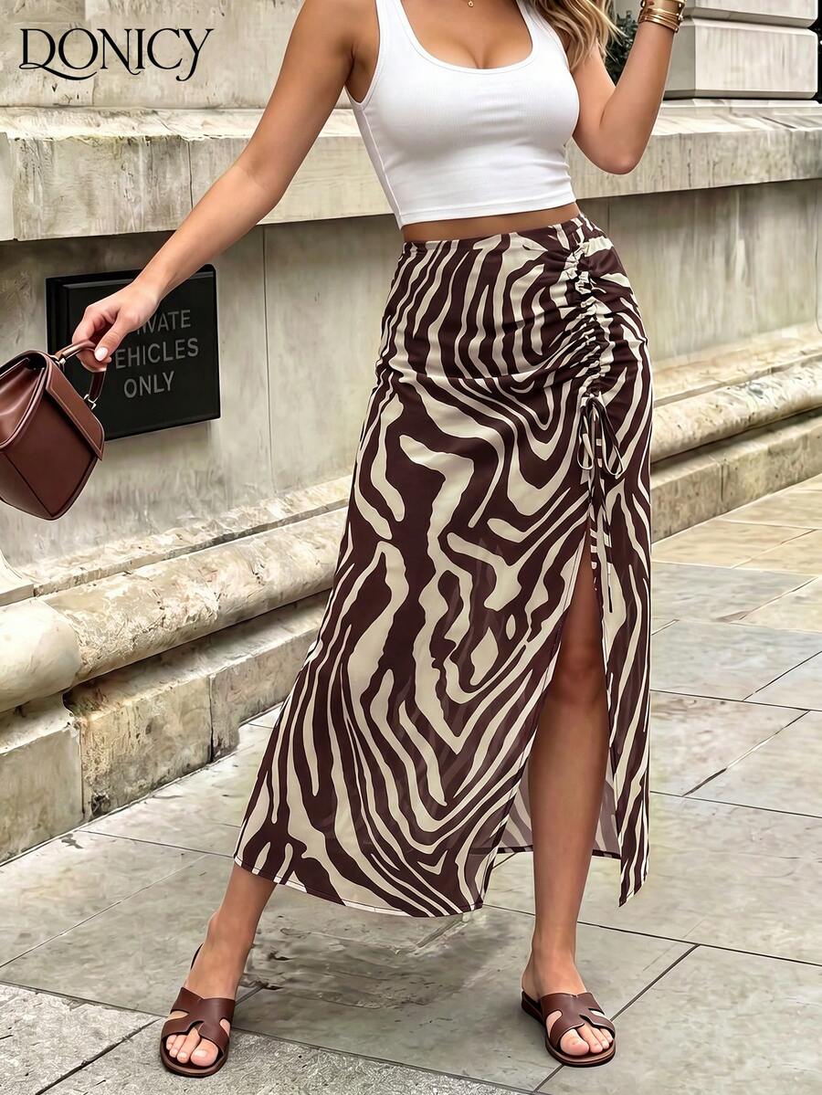 DONICY Women's Brown And White Zebra Print Pleated Slit Midi Dress, Chiffon High Waist Casual Party Dress - Multicolor - View 1