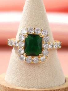 1pc Gold Emerald Gemstone Ring, Rectangular Cut Zirconia Main Stone With Full Diamond Pave Setting, Women's Elegant Statement Jewelry - Gold - View 4