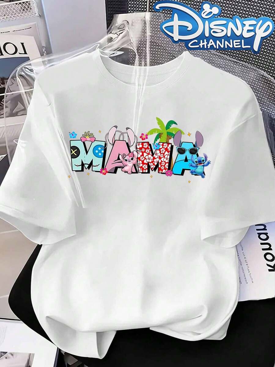 Disney Lilo & Stitch "MAMA" Tropical Beach Print Crew Neck Tee, Customizable Cartoon Character Casual Top - 白色 - 查看 1