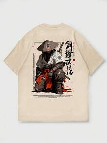 男士時尚日系熱血賽博插畫印花黑色圓領短袖T恤 - 杏色 - 查看 5