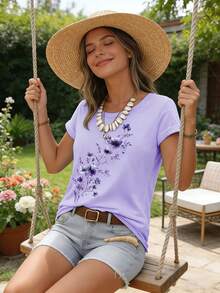 Elegant Watercolor Floral Print T-Shirt + Short Sleeves + Round Neck + Casual Spring And Summer Clothing For Women - 紫色 - 查看 3