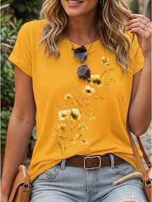 Elegant Watercolor Floral Print T-Shirt + Short Sleeves + Round Neck + Casual Spring And Summer Clothing For Women - 黃色 - 查看 6