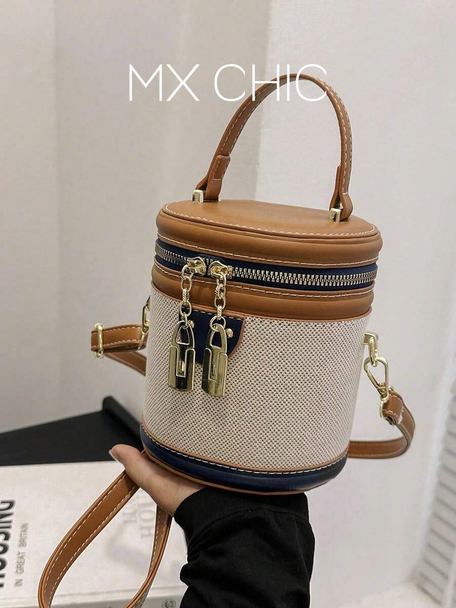 Mini bolso de cubo redondo retro - Diseño de color contrastante, estilo cruzado de moda - Bolso cilíndrico versátil, liderando el - Marrón - Ver 1