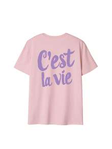 修身短袖T恤，正面紫色愛心圖案，背面「C'est La Vie」法文標語圖案，白色夏季休閒上衣 粉色 - 粉色 - 查看 3