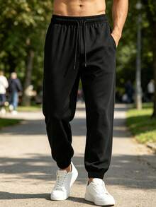 Men's Casual Drawstring Waist Pants With Side Pockets, Suitable For Outdoor Sports And Daily Wear, All Season - Black - View 8