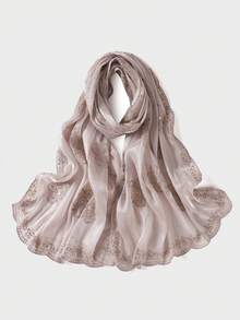 1件女款素色春夏精緻優雅波浪花瓣刺繡邊3D花朵刺繡蕾絲亮片穆斯林頭巾披肩，適用於長袍 - 彩色 - 查看 21