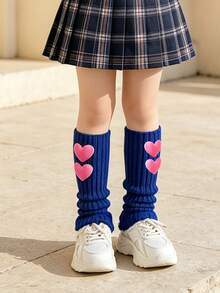 1 Pair Girls' Sweet Cute 3D Heart Bright Color Spring Autumn All Season Knit Leg Warmers, Colorful Performance Slouch Leg Warmers - Blue - View 3