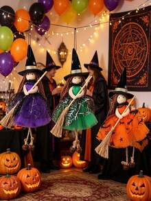 Halloween Witch Pendant Ornament, Soft Fabric Witch Doll With Pointed Hat And Broom, Halloween Party Supplies, Home Decor, Tree Hanging Decoration, Spooky Halloween Decoration - A - View 1