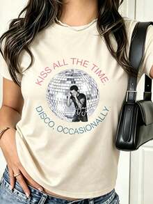 Women's Casual T-Shirt 100% Cotton | Women's Short Sleeve Crew Neck T-Shirt With Casual Print, Harry Style, Kiss All The Time Disco Occasionally, Disco Ball, Love On Tour Essential (2) Men's Loose Fit Short Sleeve T-Shirt | Exquisite Design | Summer Must-Have | Versatile And Easy To Match | Show Off Your Style With This Short Sleeve Crew Neck T-Shirt. | Machine Washable | Suitable For All Seasons, Comfortable And Fitted. | Bright Digital Print T-Shirt, Casual And Versatile - 杏色 - 查看 1