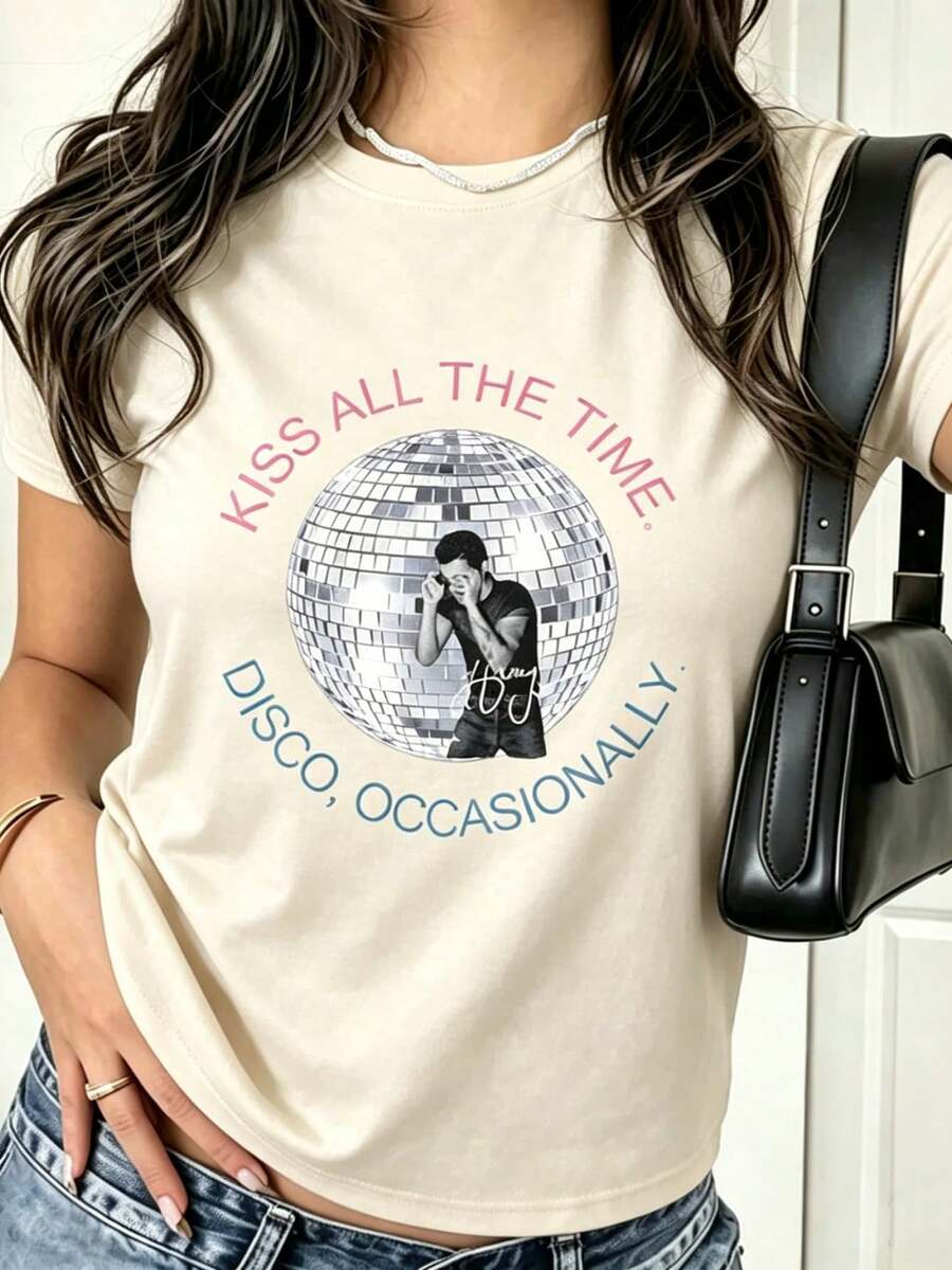 Women's Casual T-Shirt 100% Cotton | Women's Short Sleeve Crew Neck T-Shirt With Casual Print, Harry Style, Kiss All The Time Disco Occasionally, Disco Ball, Love On Tour Essential (2) Men's Loose Fit Short Sleeve T-Shirt | Exquisite Design | Summer Must-Have | Versatile And Easy To Match | Show Off Your Style With This Short Sleeve Crew Neck T-Shirt. | Machine Washable | Suitable For All Seasons, Comfortable And Fitted. | Bright Digital Print T-Shirt, Casual And Versatile - 杏色 - 查看 1