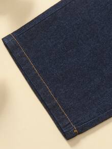 Young Girl Denim Set Fashionable Cute Ruffle Hem Button Front Round Neck Sleeveless Dark Blue Denim Vest Top And Casual Versatile Dark Blue Denim Wide Leg Pants Long Pants Set Back To School - Dark Wash - View 10