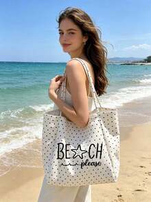 White Polka Dot Beach Tote Bag With "Beach Please" Lettering, Large Canvas Shoulder Bag, Beach Bag, Shopping Bag, Suitable For Shopping And Travel, Foldable Canvas Shoulder Tote Bag, Commuter Bag, Tablet Bag, Storage Bag, Summer Essential Travel Bag, Ideal For Beach Trips, Pool Days, Shopping And Daily Use, Perfect For Women, Travelers And Beach Lovers, Great For Spring Break, Easter, Mother's Day, Vacation And Gifts - Multicolor - View 3