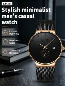 LIGE Simple Casual Men's Watch With Stainless Steel Mesh Strap Casual Fashion Men's Business Watch Waterproof Calendar Watch - Black - View 2