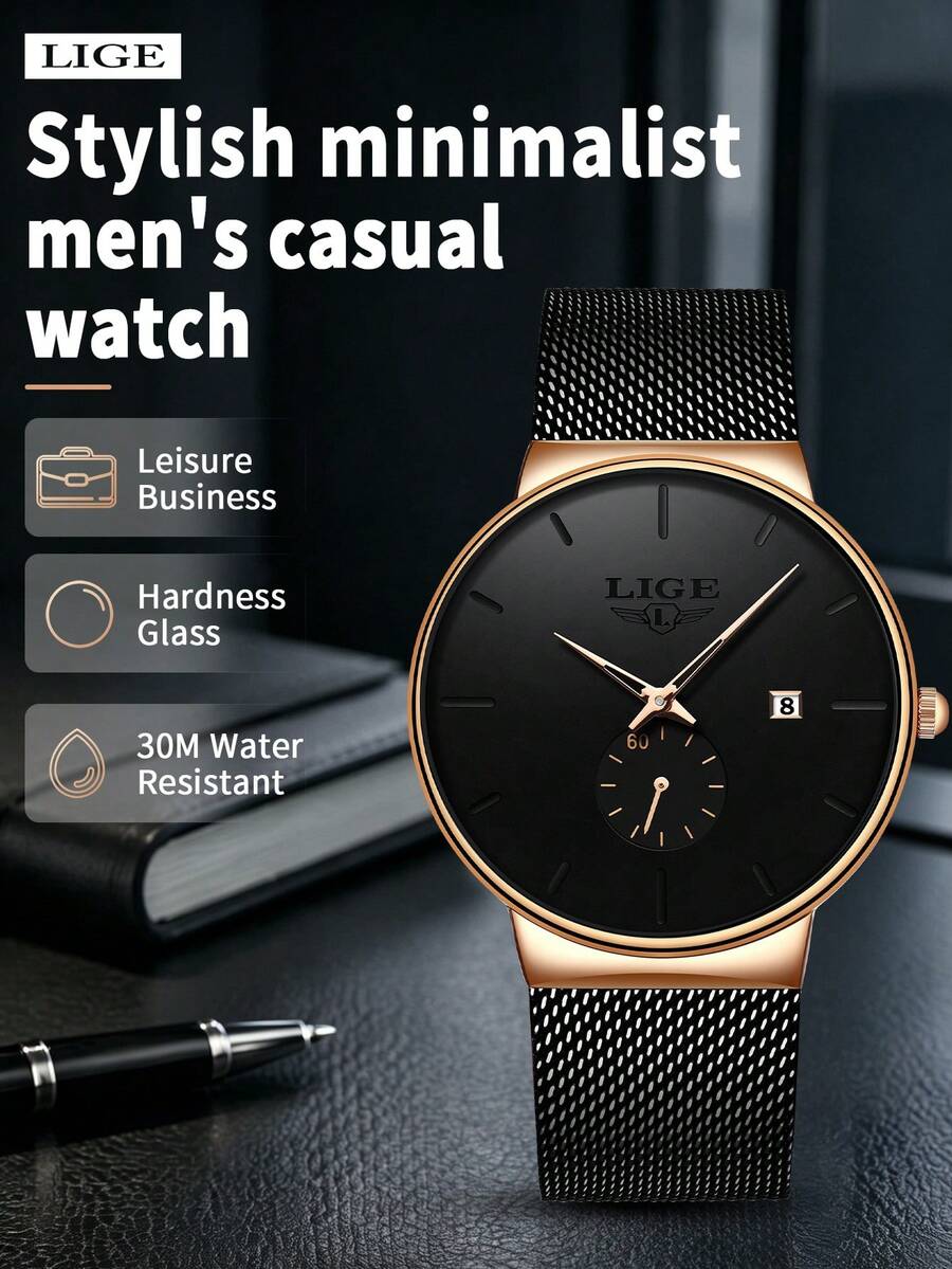 LIGE Simple Casual Men's Watch With Stainless Steel Mesh Strap Casual Fashion Men's Business Watch Waterproof Calendar Watch
