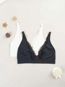 2pcs Ladies Plus Size Lace Front-Clasp Bra , No Padding, Adjustable Straps, Breathable, Ideal For Daily Wear, Lingerie For Women, Bra Plus Size Women - 彩色 - 查看 11