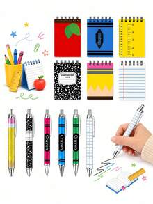 12pcs-Sticky Note & Ballpoint Pen Gift Set, Apple Pencil & Crayon Design, Welcome Back To School, Spiral Sticky Notes, First Day Of School - Multicolor - View 9
