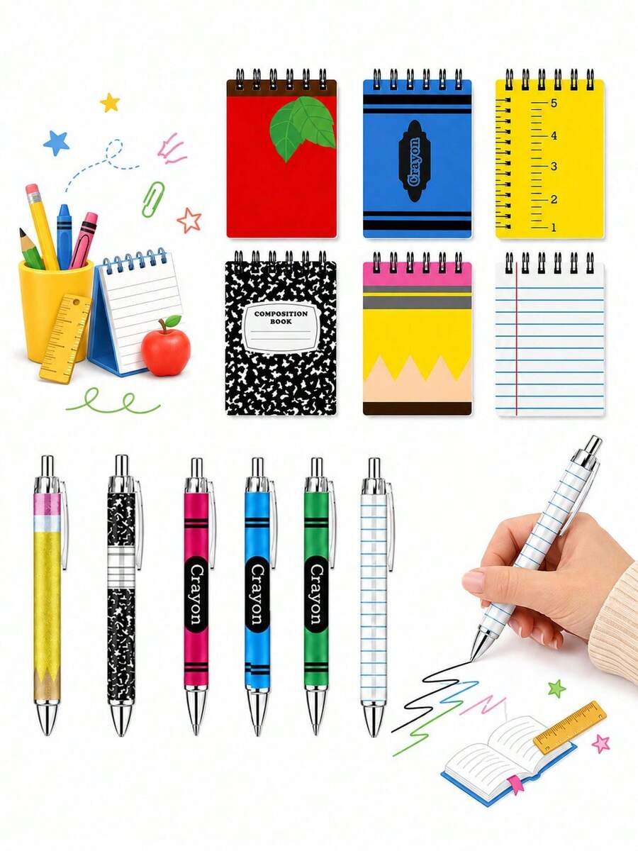 12pcs-Back To School Memo Pad & Ballpoint Pen Set Gift, Apple Pencil ...