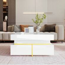 High-Gloss Coffee Table / Modern Coffee Table / MDF Living Room Table / Side Table With Drawers And Gold Accents / With Two Drawers / Easy To Clean And Assemble - White - View 8
