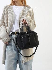 女士休闲尼龙防水纯色水桶包、手提包和单肩斜挎包 - 黑色 - 查看 1