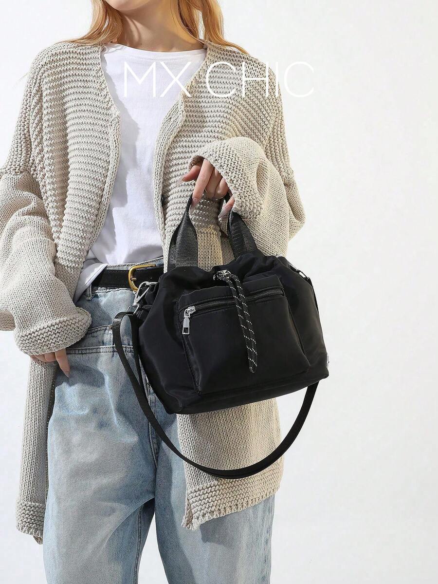 女士休闲尼龙防水纯色水桶包、手提包和单肩斜挎包 - 黑色 - 查看 1