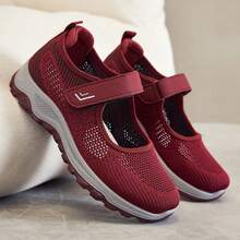 Sepatu Flat Kasual Wanita dengan Sol PVC Tebal, Bagian Atas Anyaman, Penopang Lengkungan Kaki, Nyaman untuk Semua Musim, Sepatu Jalan Kaki Berbahan Jala - Burgundy - View 1