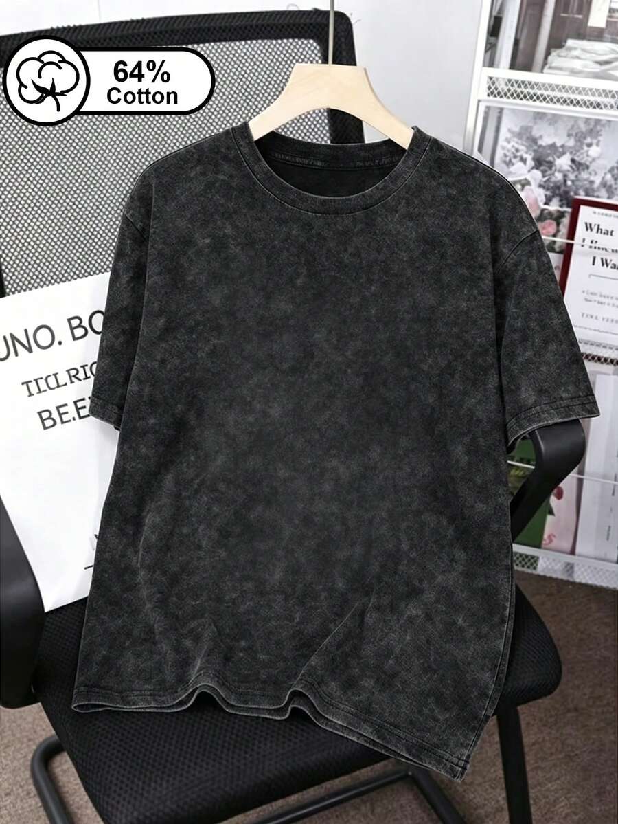 女款夏季T恤 - 時尚簡約、復古水洗圓領短袖上衣,女款休閒上衣黑色 - 黑色 - 查看 1