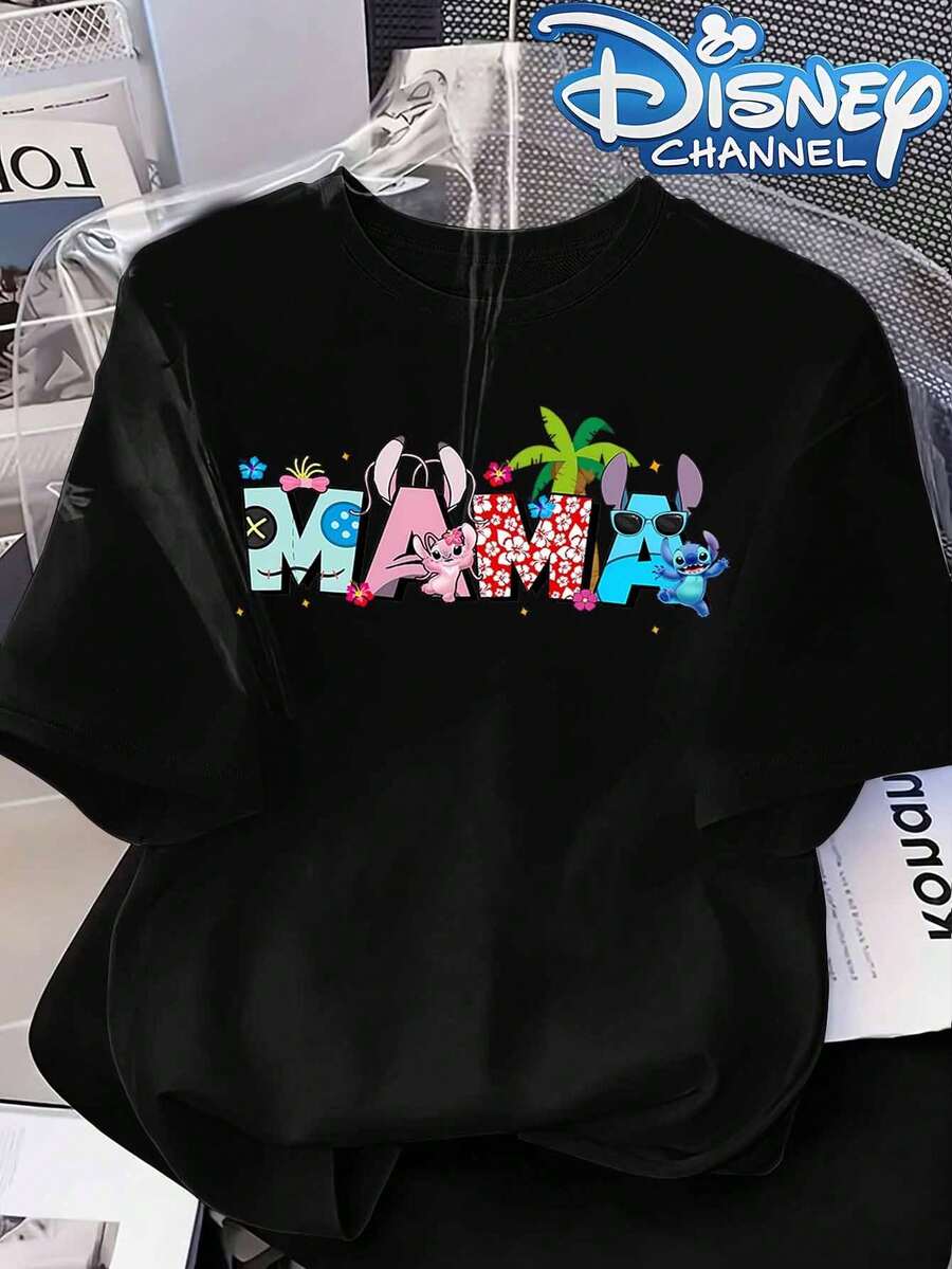 Disney Lilo & Stitch "MAMA" Tropical Beach Print Crew Neck Tee, Customizable Cartoon Character Casual Top - Black - View 1