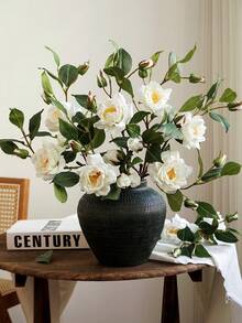 1PC Artificial White Snow Stream Camellia. Suitable For Home And Wedding Decoration, Floral Displays In Dining Rooms, Living Rooms, Bedrooms And Beside Beds. Also Great For Bridal Bouquets, Birthday Party Decor, Holiday And Valentine's Day Gifts. - White - View 9